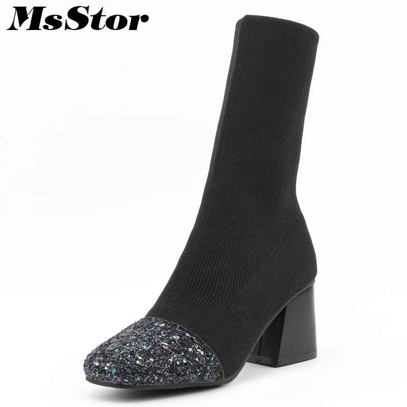 

MSFAIR Square Toe High Heel Women Boots Fashion Mature Concise Square heel Mid-Calf Boots Women Shoes Slip On Boots Women
