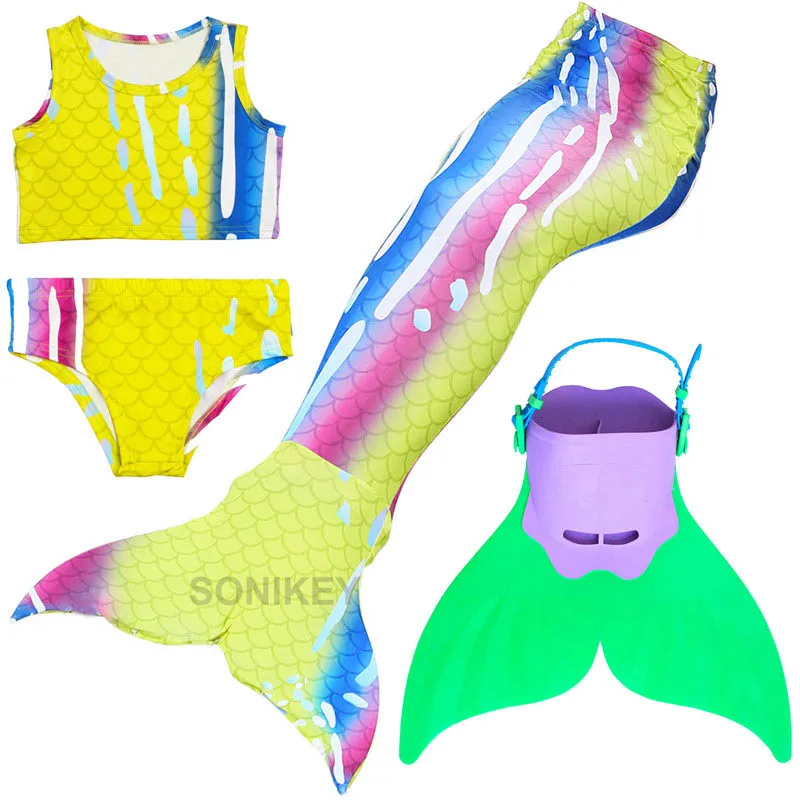 Детский купальный костюм из 4 предметов с хвостом русалки и моновиновым плавником для косплея, купальник для девочек, хвост маленькой русалки, костюм для плавания для девочек - Цвет: SJNP882