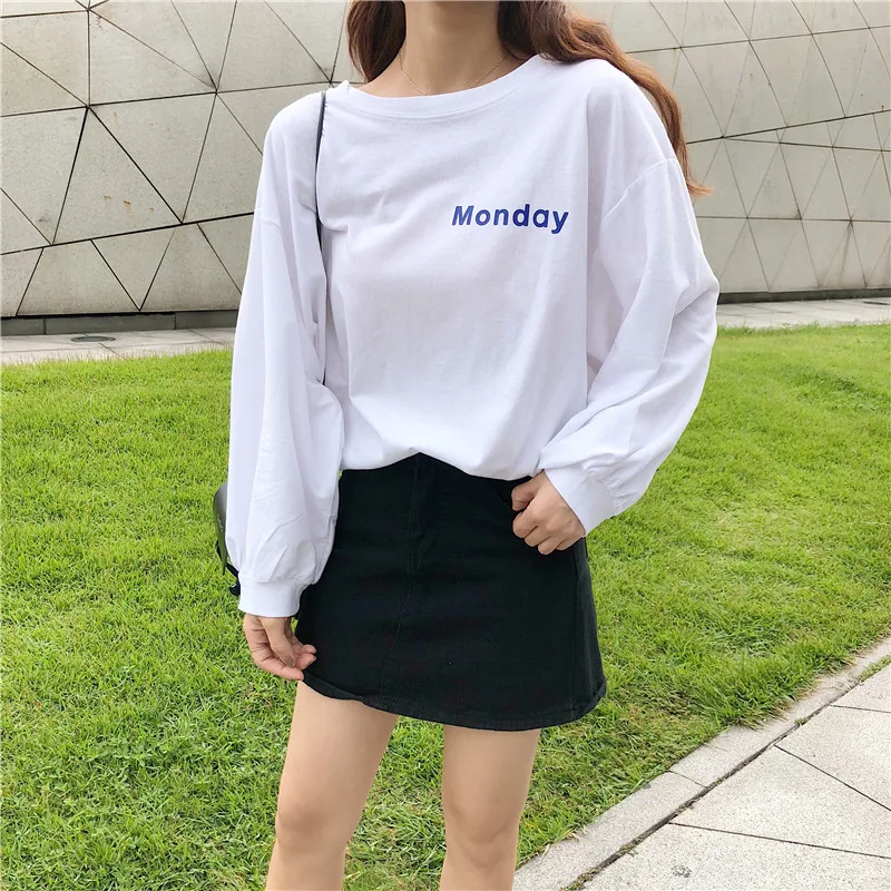 Футболки женские осенние свободные шикарные повседневные с буквенным принтом с длинным рукавом Футболки женские корейские мягкие простые универсальные футболки студенческие милые