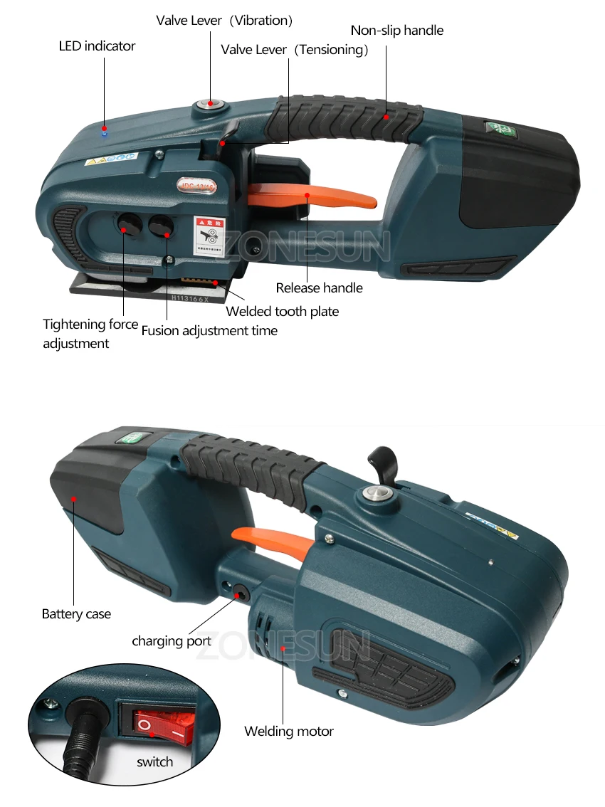ZONESUN JDC обвязочная машина для 13 мм-16 мм PET PP ремни пластиковые инструменты батарея питание ремень машина с 2 батареями