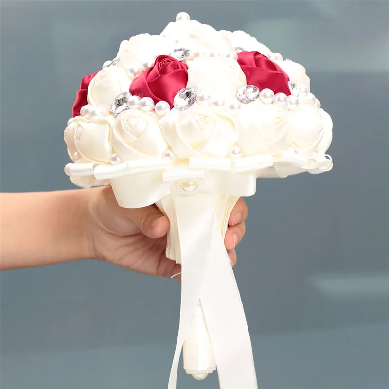 6 Styles 18cm Pearls Crystal Wedding Bridesmaid Bouquets Mariage Bridal Rose Holding Artificial Flowers Wedding Bouquet Ivory