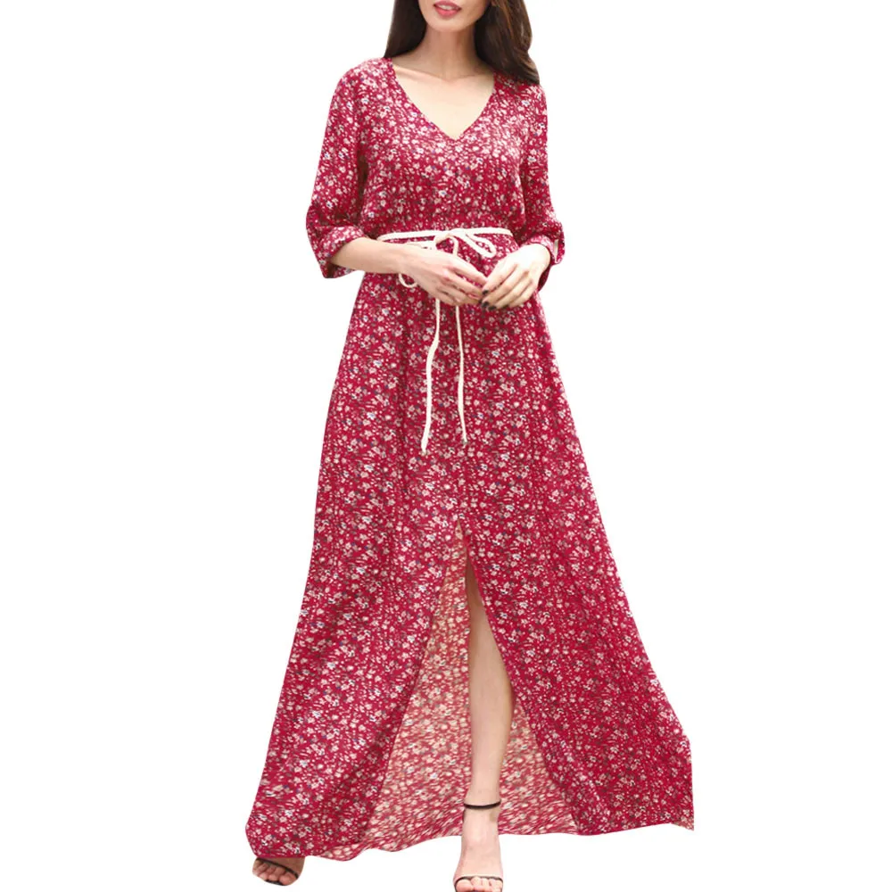 

Womail Floral Print Summer Maxi Dress Women Vintage V Neck Sundress Beach 2018 Long Sleeve with Sashes Drop Shipping 2.JULY.21