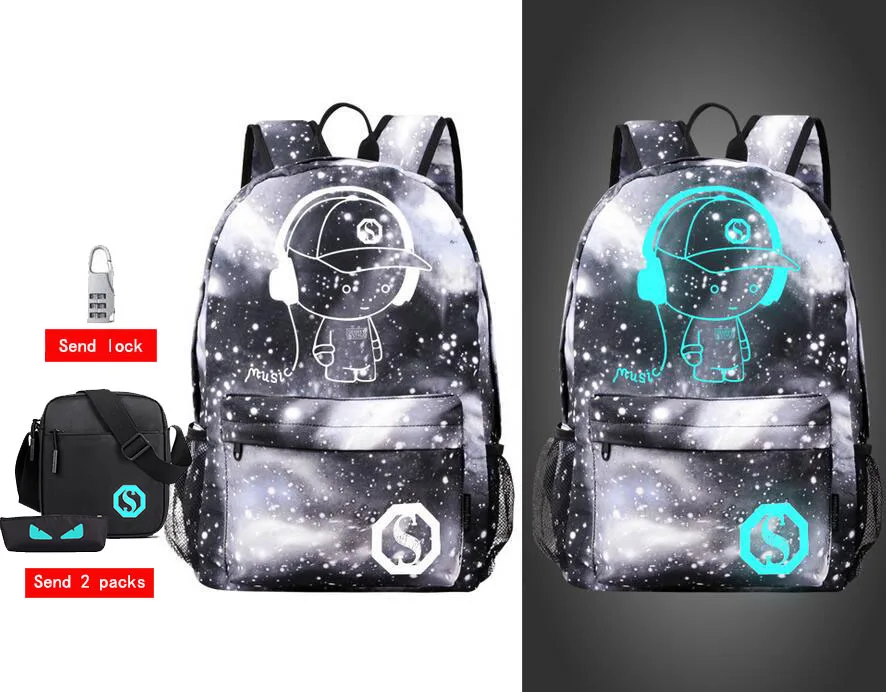 Senkey стильный мужской рюкзак студенческий аниме светящийся USB зарядка ноутбук школьная сумка для подростка Противоугонный рюкзак женский - Цвет: Music gray 3