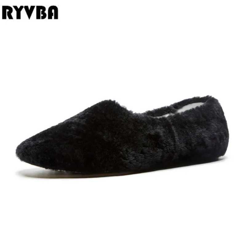 

RYVBA 2019 new woman hair fur flats fashion women genuine leather winter autumn ladies flat shoes black white causal shearling