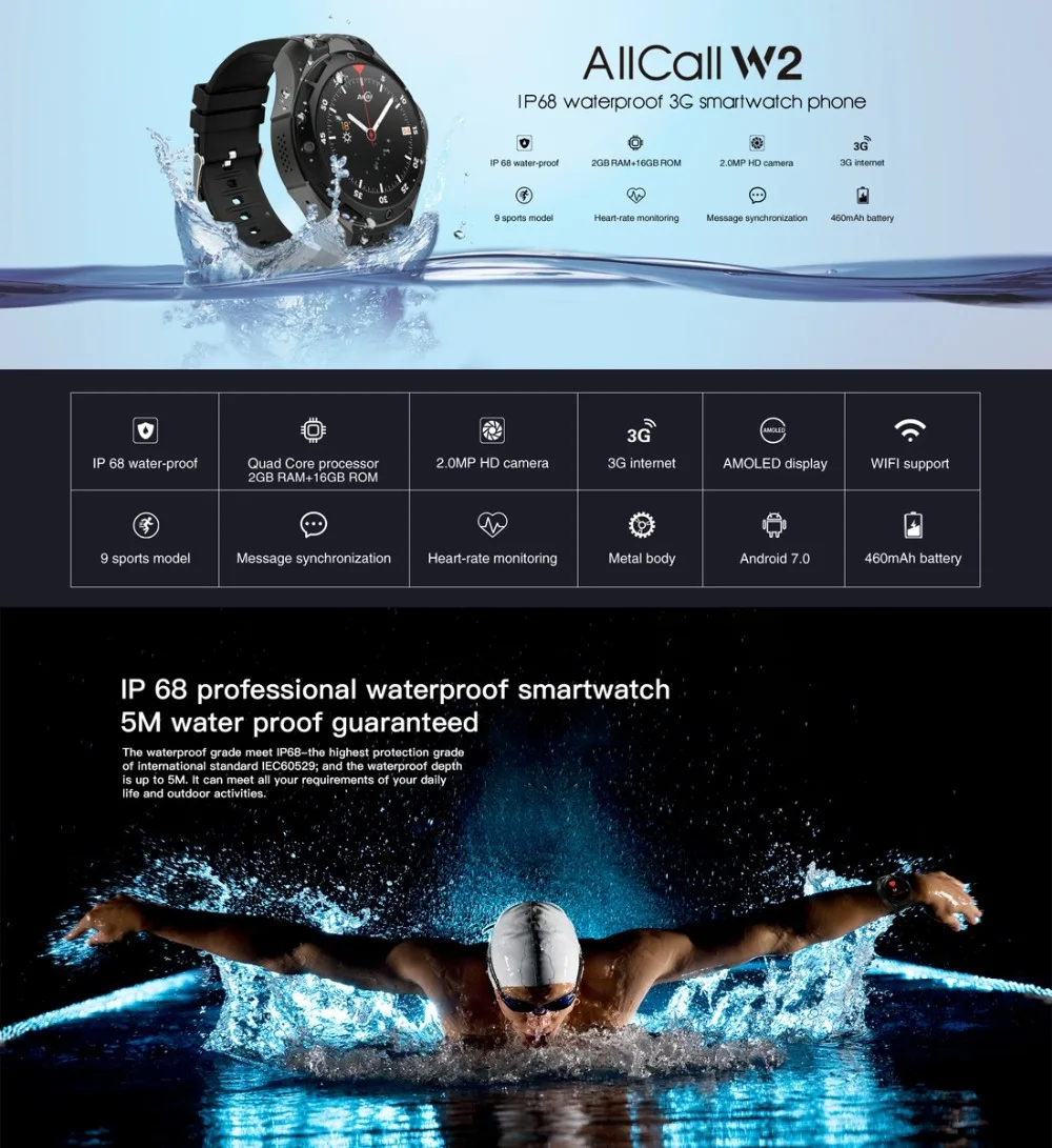  AllCall W2 IP68 Wasserdicht 3g GPS 139 zoll AMOLED 2g 16g Smart Uhr Telefon Android 7.0 MTK6580 Qua