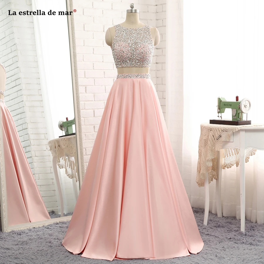 

La estrella de mar vestido formatura 2019 new Scoop neck crystal taffeta A Line peach 2 piece prom dresses long plus gala dress