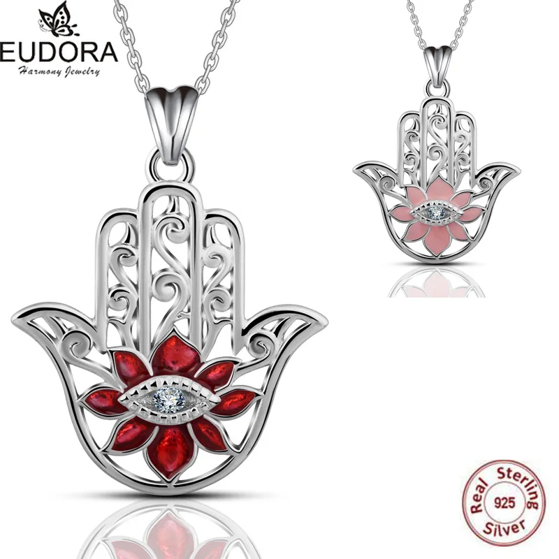 

Eudora Mother Gift 925 Sterling Silver The Only Palm Love Red Pink Crystal Flower Hand Pendant Necklace for Women Jewelry CYD069