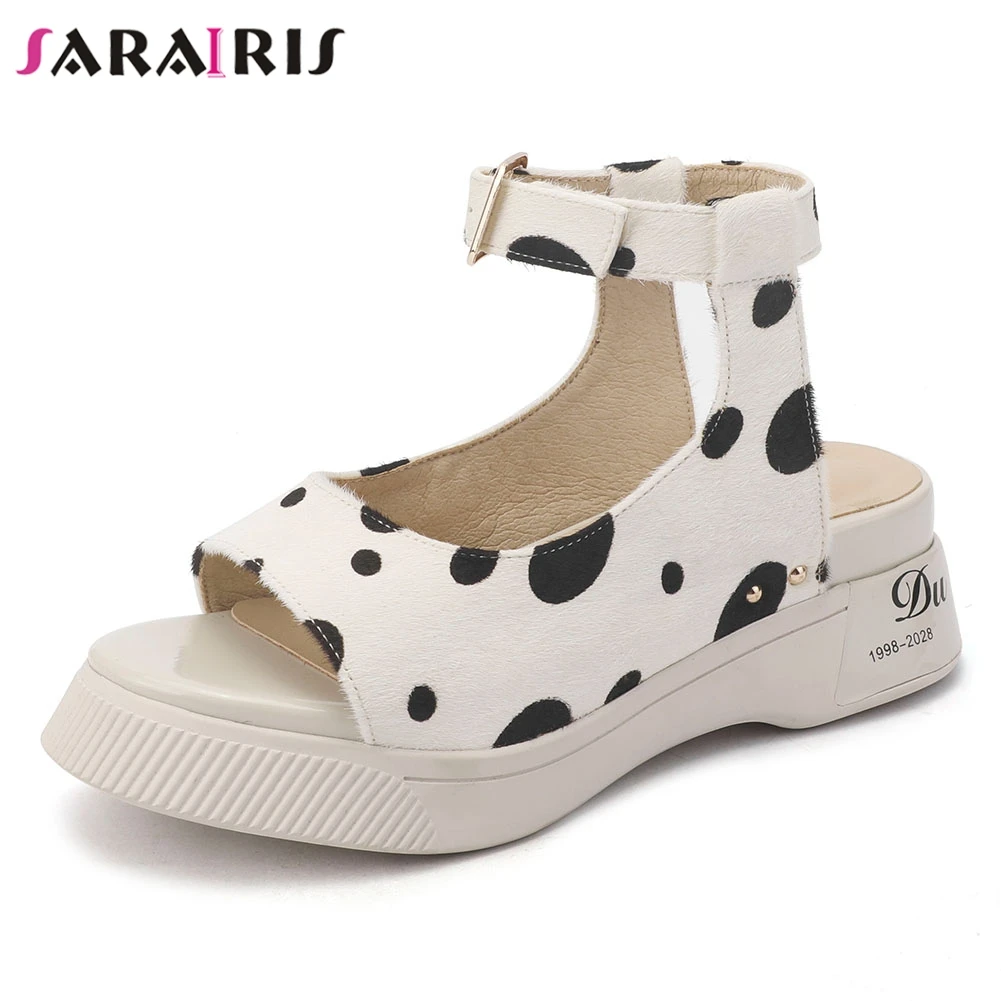 

SARAIRIS 2019 New INS Hot Polka Dot Genuine Leather Horsehair Sandals Women Summer Ankle Strap Woman Casual Shoes Woman