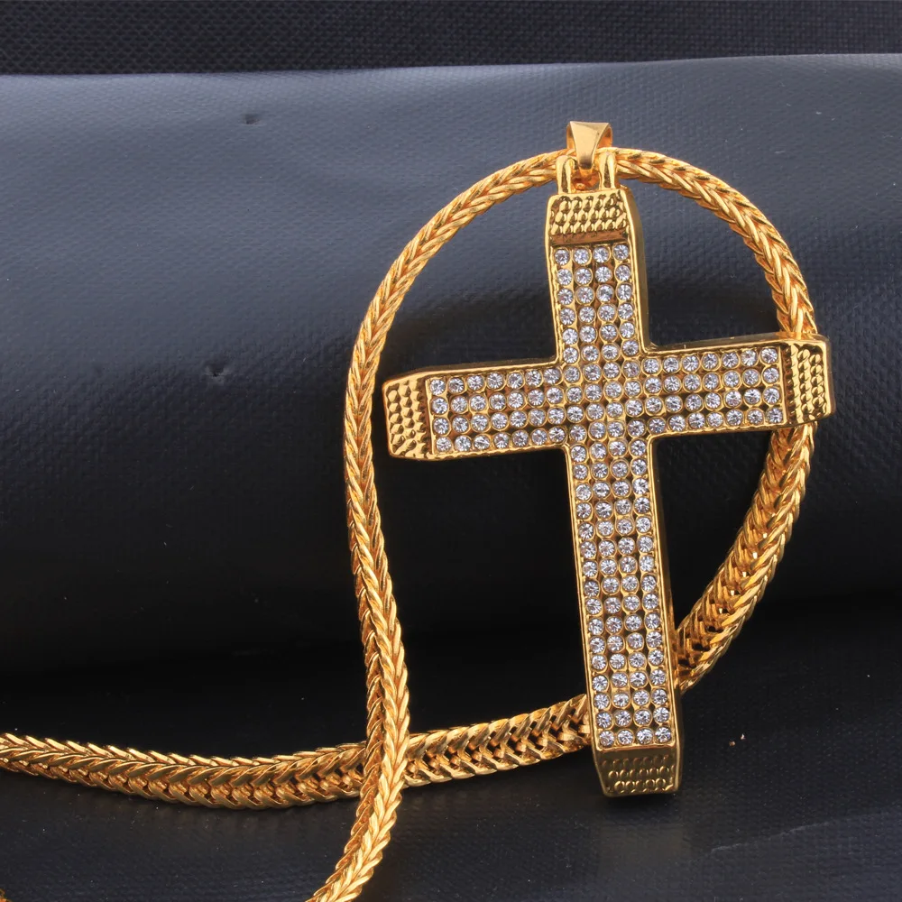

Cool Micro Pave Full Cubic Zirconia Cross Pendant Necklace Gold Color Mens Boys Hip Hop Necklace Rapper Gift