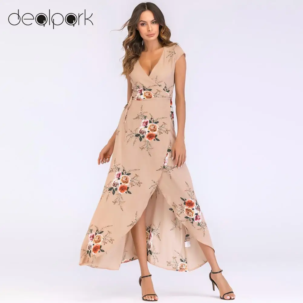 

Women Bohemian Maxi Dress Floral Print V Neck High Waist Short Sleeve Irregular Dress Summer Beach Long Dress female Party Gowns