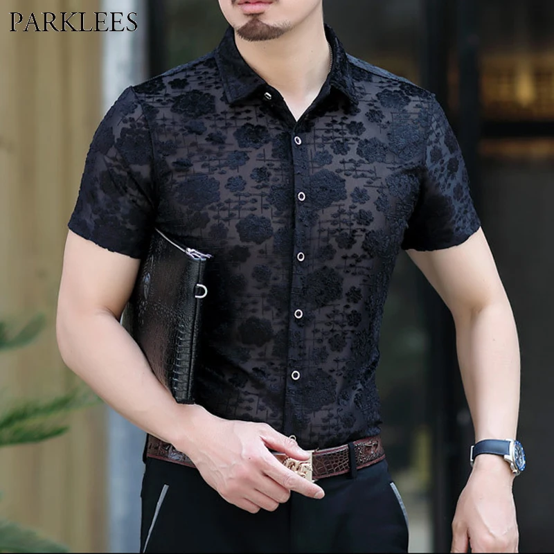 

Men's Floral Embroidery See Through Fishnet Shirt Slim Fit Sexy Transparent Clubwear Dress Shirt Party Event Lace Sheer Blouse