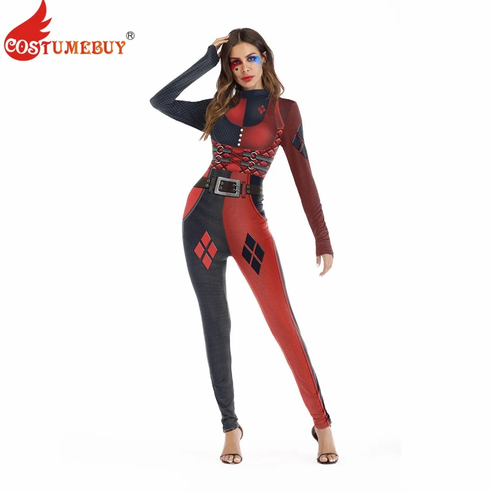 

CostumeBuy Suicide Squad Harleen Quinzel Costume Cosplay Bodysuit Women Sexy Harley Quinn Jumpsuit Halloween Joker Onesies L920