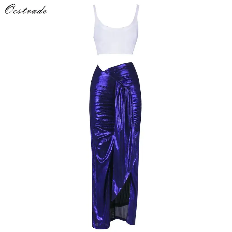 

Ocstrade Christmas Party Spring Women Sets 2019 New Sexy White Cropped Bandage Top and Metallic Sapphire Wrap Drape Midi Skirt