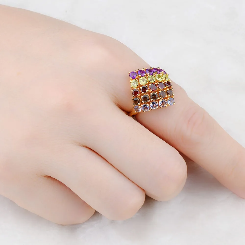 HUTANG Gemstones Rings Gold Solid 925 Sterling Silver Ring Natural Tanzanite Garnet Amethyst Fine Stone Jewelry Women Girls New