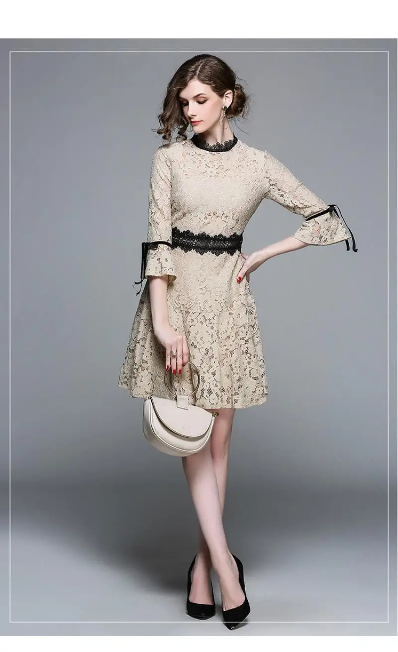 HIGH QUALITY New Fashion 2018 Runway Dress Women's Flare Sleeve Hollow out lace fishtail dress Lady Skirt Midi Dress