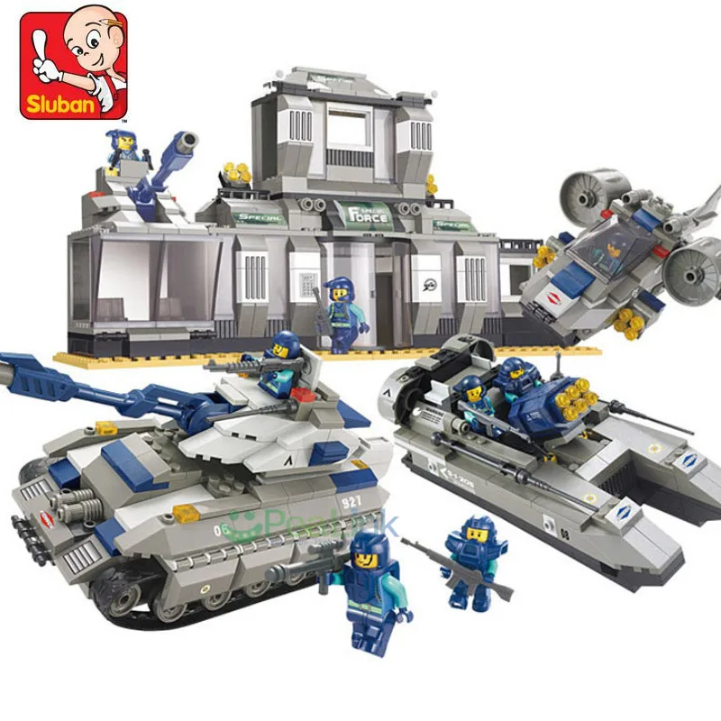 

Sluban 822pcs Action & Toy Figures Building Blocks Set Special Forces/cop Headquarters 3D Model Educational Toys for Children