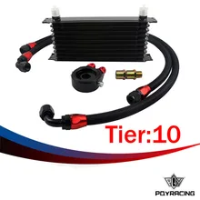 PQY- UNIVERSAL 10 ROWS TRUST TYPE OIL COOLER+OIL FILTER SANDWICH ADAPTER BLACK + SS NYLON STAINLESS STEEL BRAIDED AN10 HOSE