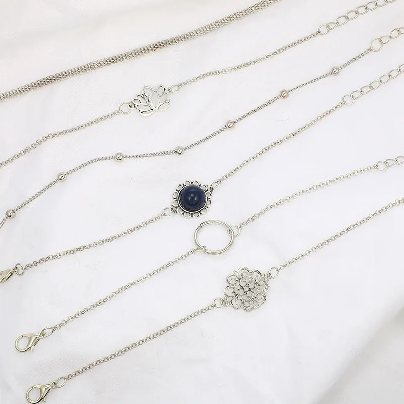 Богемный винтажный браслет с черным камнем, набор для женщин в форме листа лотоса, круглый цветок, Цветочный браслет-цепочка с бусинами и браслеты, модное ювелирное изделие