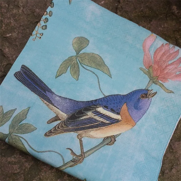 

Vintage table Napkin paper tissue blue three birds flower handkerchief decoupage wedding birthday party cafe home hotel decor