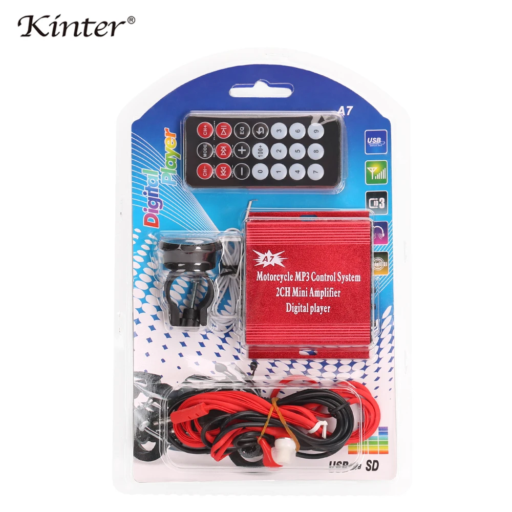 kinter A7 Hifi mini amplifier reader for speaker headphone support USB TF DC12V power input with FM radio remote control earphone in motorcycle car red plastic enclosure (1)
