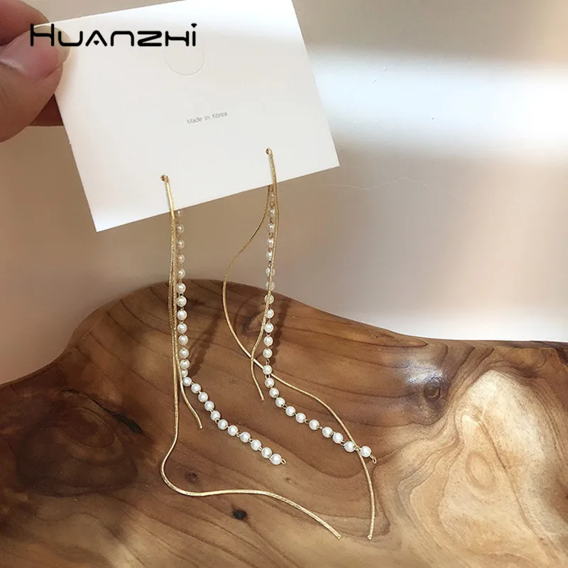 HUANZHI, новинка, элегантные, шикарные, S925, имитация жемчуга, кисточка, точка, линия, длинные висячие серьги для женщин, девушек, вечерние, для путешествий, подарок, ювелирное изделие