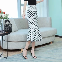 Новинка, черная юбка в горошек, рыбий хвост, женская летняя юбка с высокой талией, тонкая женская ретро юбка с оборками, юбка-Русалка
