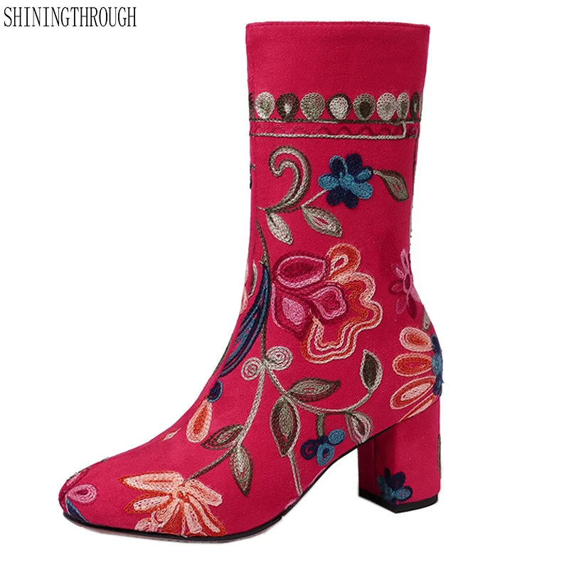 

NEMAONE Women embroider flower High Heelsboots Ladies Shoes Woman Party Dancing Pumps elegant genuine Leather Boots size 42 43