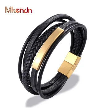MKENDN Wholesale Stainless Steel Genuine Multilayer Leather Magnet Bracelet Men Black/Brown Color Charm Accessories Jewelry