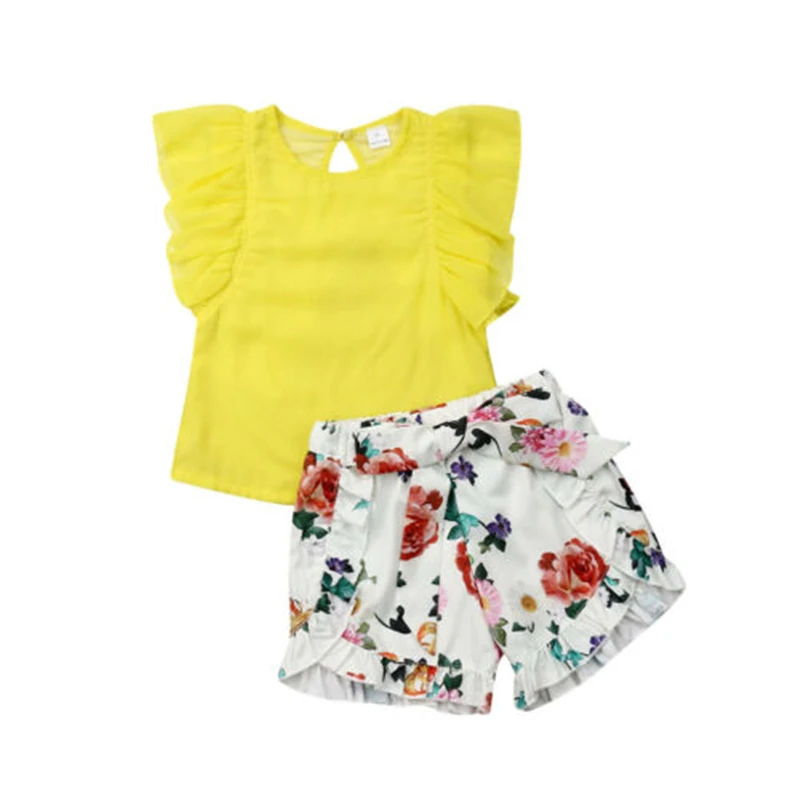 

Toddler Kid Baby Girl Summer Outfit Clothes T-shirt Tops+Short Pants 2PCS Set New Baby Girl clothes Fly Sleeve Top +Floral Short