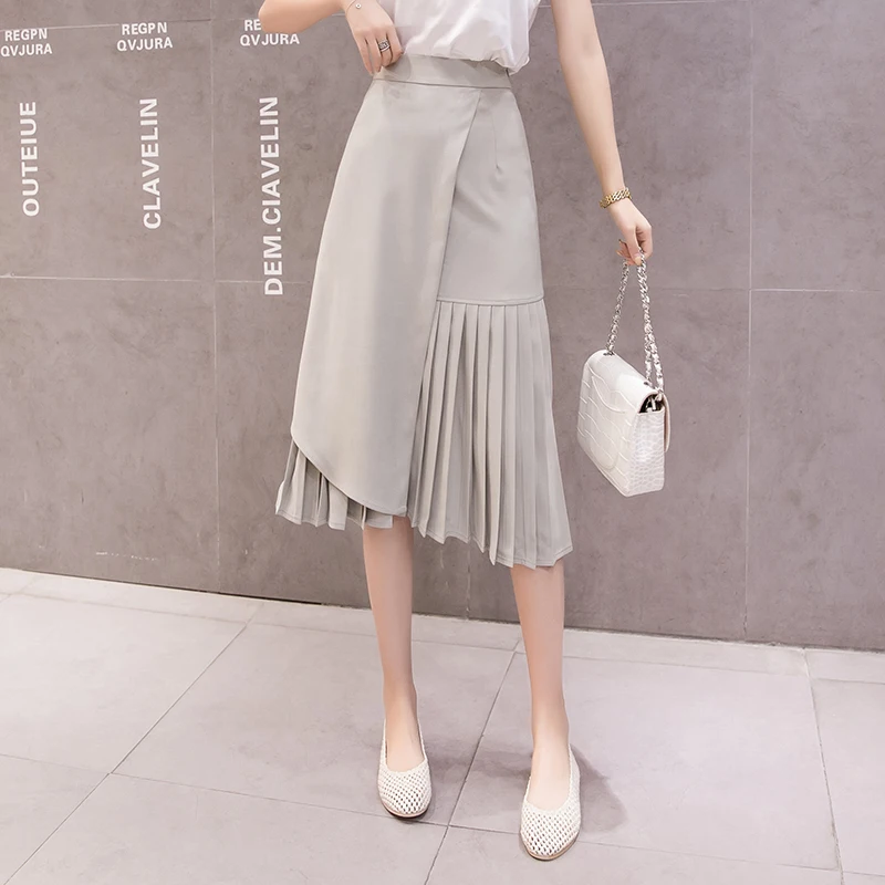 

2019 Summer Irregular Midi Skirts Women Elegant High Waist Pachwork Pleated Skirt A-Line jupe femme Slim Skirt Japanese Style