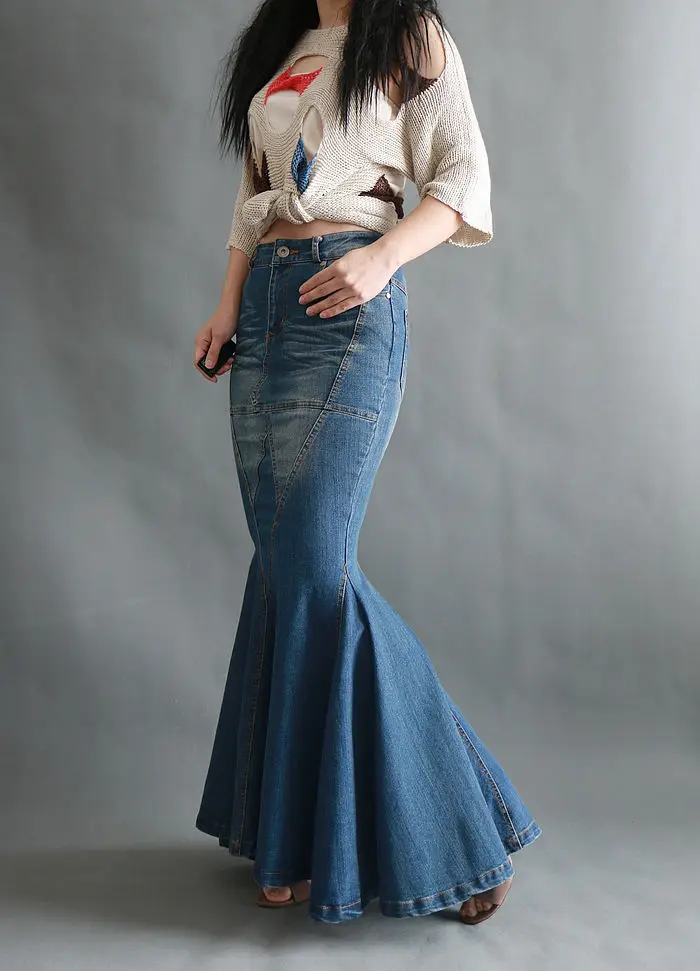 

New Fashion Fish Tail Denim Mermaid Style Skirts For Women Denim Jeans Stretch S-XL Long Maxi Skirts Slim Hip