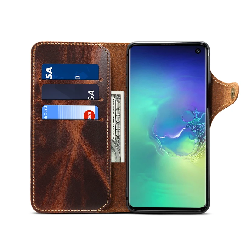  For Samsung S10 S10E Phone Case Retro Oil Wax Cowhide Leather Strap Flip Wallet Card Case Bag Cover