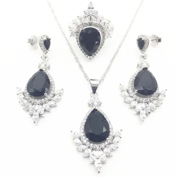 

Water Drop Black Created Garnet White Zircon Women Bracelets Jewelry Sets Silver Color Earrings/Ring/Necklace/Pendant