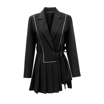 

High quality 2019 early spring fashion women's new color matching striped pleated hem side tie slim long sleeve small blazer