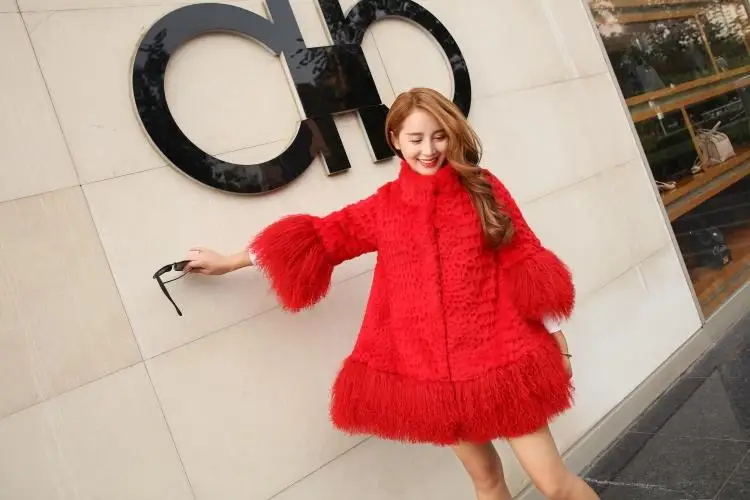 Top Mandarin Collar Women Vintage 100% Real Rabbit Fur Coat with Mongolia Sheep Fur Sleeve and Bottom Outwear Customize tsr327 14