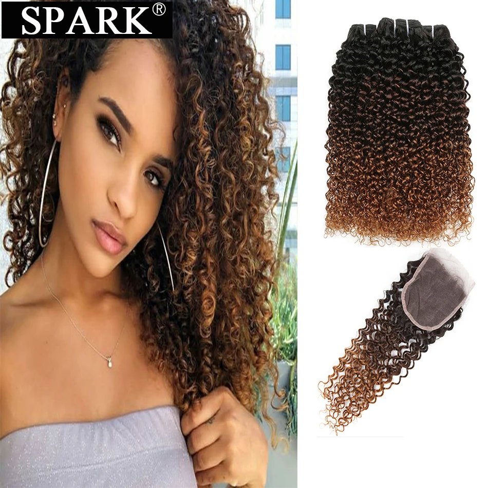 Spark бразильские афро кудрявые Омбре человеческие волосы 3/4 пучки с закрытием remy волосы переплетения пучки могут сделать парик наращивание волос - Цвет: T1B 4 30