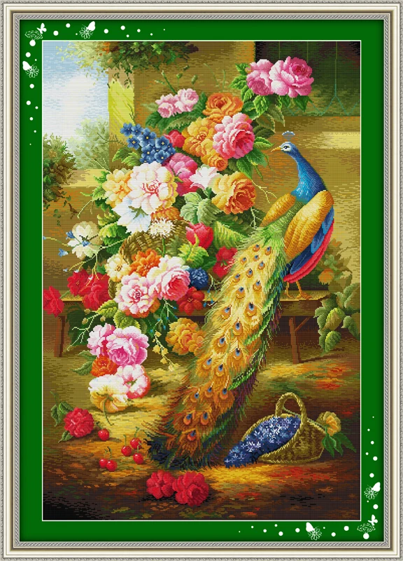 

Peacock flowers cross stitch kit animal 14 11ct count cotton silk thread embroidery DIY handmade needlework set wall home decor