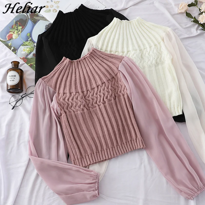 

HELIAR Women Casual Lantern Sleeve Splicing Chiffon Sleeve Spring Blouse Fashion pit knitting Slim Elastic Sweater Blouse Offic