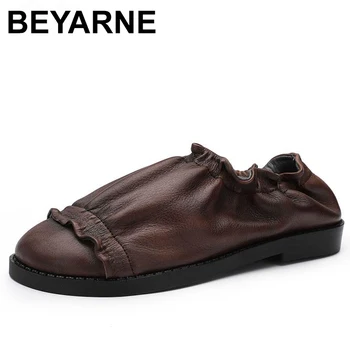 

BEYARNE2019 Spring and Summer New Retro Genuine Leather Flat Women Shoes Round Toe Soft leather Handmade ShoesE344