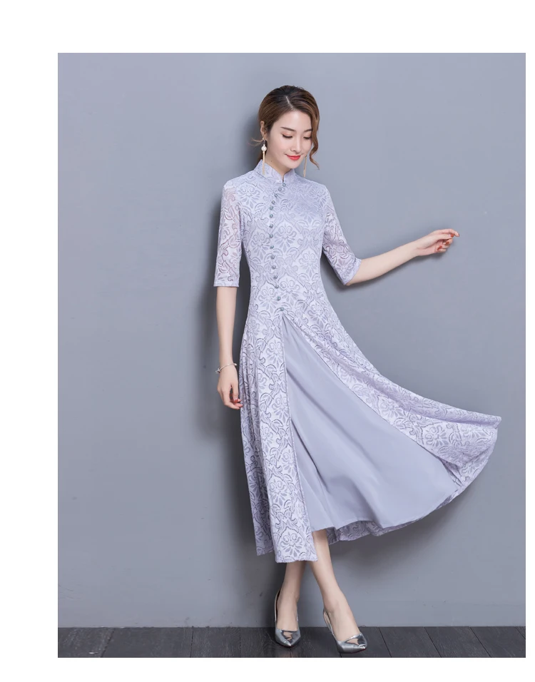 Woman Vintage Ao Dai Oriental Elegant Vietnam Traditional Dress 8Colors Stand Collar Asian Graceful Half Sleeve Swing Cheongsam