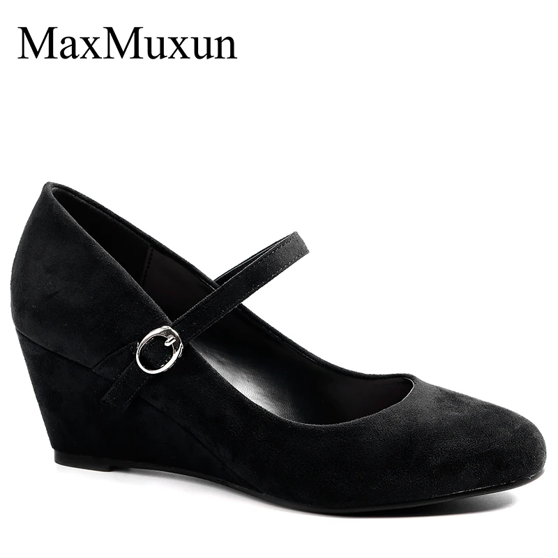 

MaxMuxun Women High Heels Wedge Pumps Shoes Round Toe New Buckle Platform Shallow Black Navy Ladies Shoes