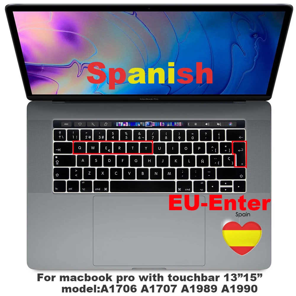 

Spain EU-Enter Keyboard Cover Protector for Macbook Pro 13Air 11 12 15 touchbar Model A1706/A1466 A1707/A1990/A1398/A1534