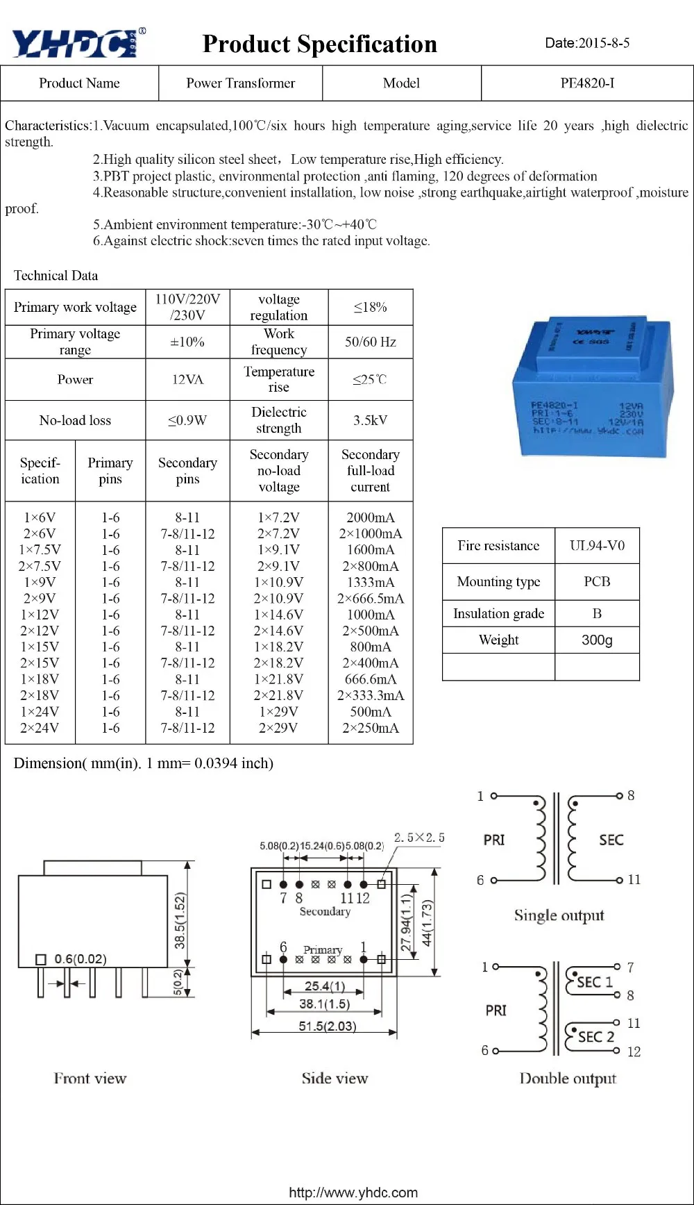 PE4820-I мощность 12VA вход 110 V Выход 2*6 V 50-60Hz вакуум эпоксидный инкапсулированный для сварки печатной платы изоляционный трансформатор