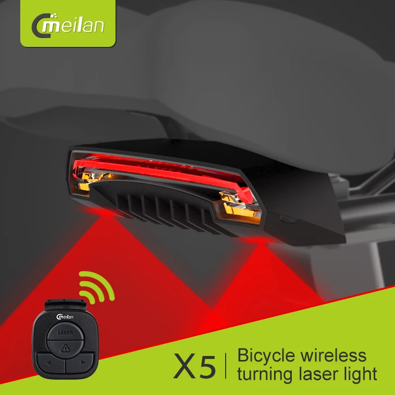 Billige Meilan X5 Drahtlose fahrrad Bremse licht version Flash Sicherheit Hinten Drehen Fahrrad Drahtlose Fernbedienung drehen laser licht