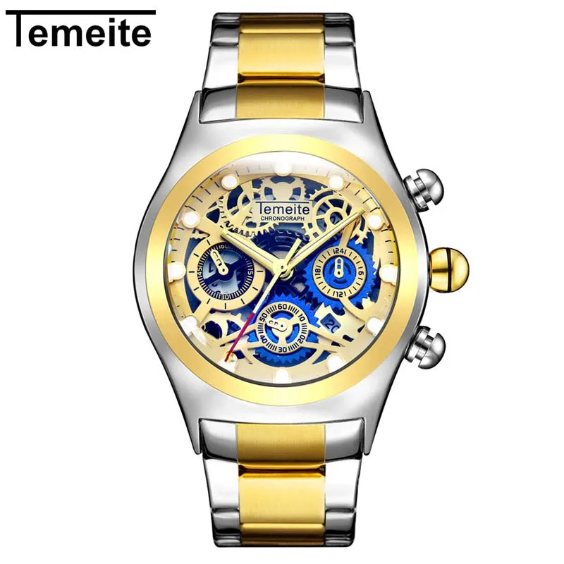Relogio Masculino TEMEITE Лидирующий бренд Мужские часы Роскошные модные золотые бизнес полностью Стальные кварцевые наручные часы Мужские часы Прямая поставка - Цвет: Gold Silver