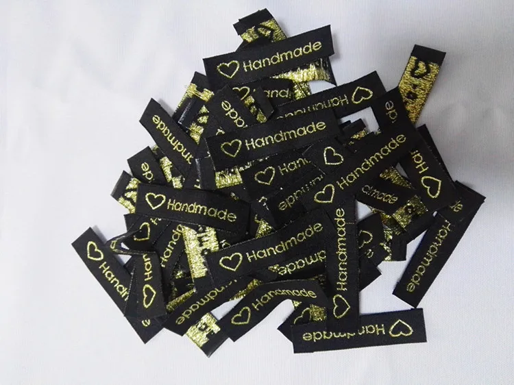 100pcs 15x60mm Cutt Stock Clothing Label Tags Black Woven Labels Handmade With Love End Folded Metallic Gold Embroidered Labels