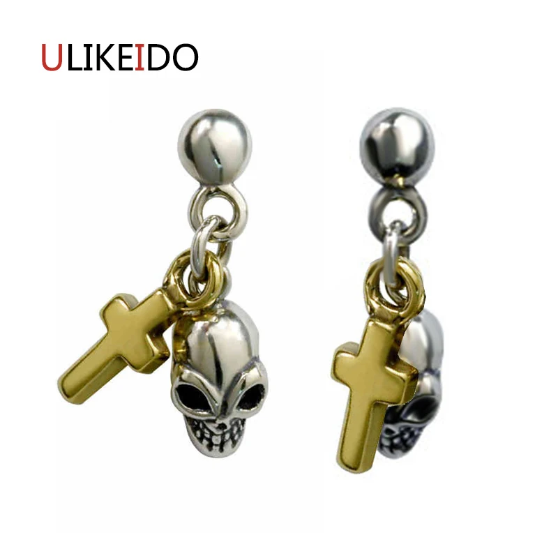 

Pure 925 Sterling Silver Stud Earring Skull Fashion Punk Cross Pirates Skeleton Jewelry For Men And Women Christmas Gift 313