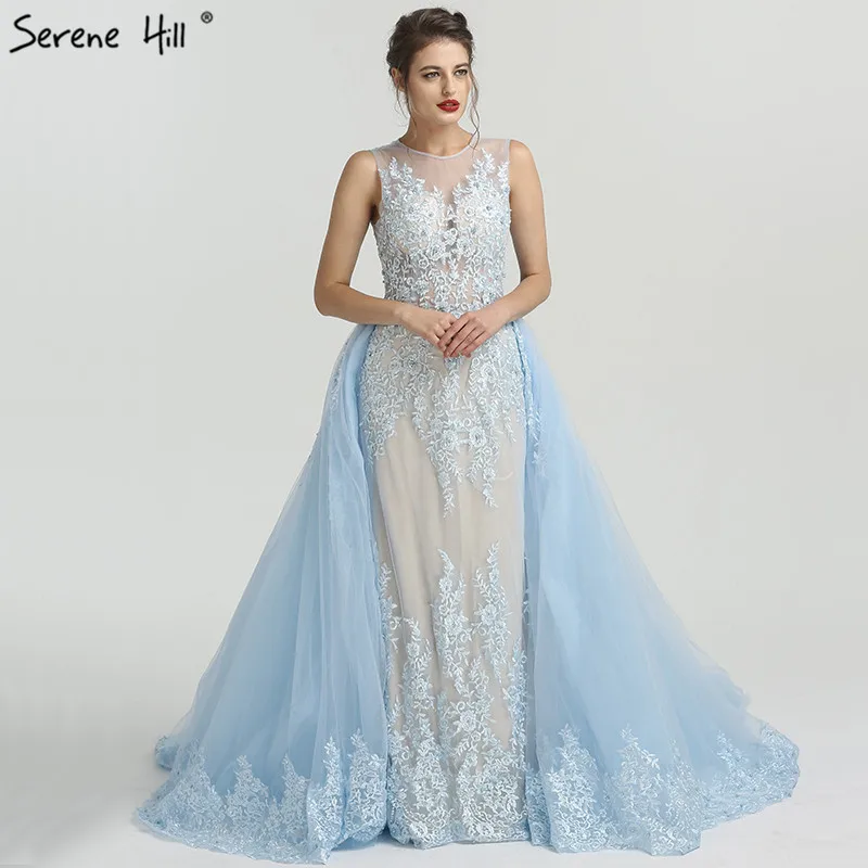 Вечернее платье Русалка, длинный светильник, голубая аппликация, без рукавов, тюль, вечернее платье, реальное изображение, Serene hilm LA6583