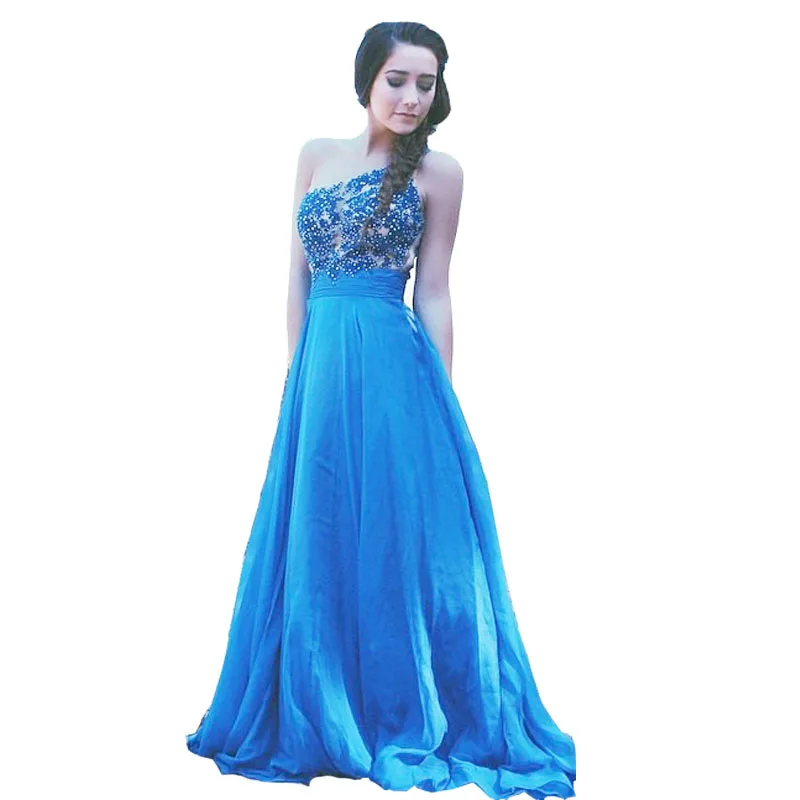 Light Blue Prom Dresses For Women One Shoulder Lace Appliques Beading A Line Chiffon Party Dress Gowns 2016 vestidos de baile | Свадьбы и