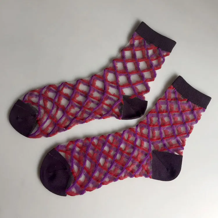 Прозрачные женские носки, летняя мода, прозрачные короткие носки в клетку с бриллиантами, корейский стиль, Харадзюку, Лоскутная Сетка, забавные Женские носочки - Цвет: Фиолетовый